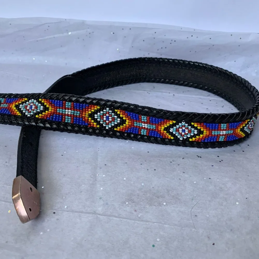 Vintage LL Bean Bauer 1991 Mens Genuine Leather Southwestern Beaded Belt EUC!